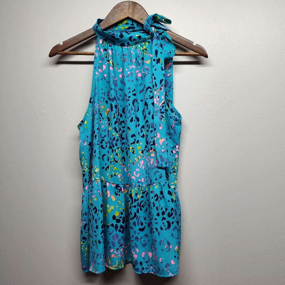 FSL Apparel Top Women Size S Teal Blue Animal Print Sleeveless High Neck Summer